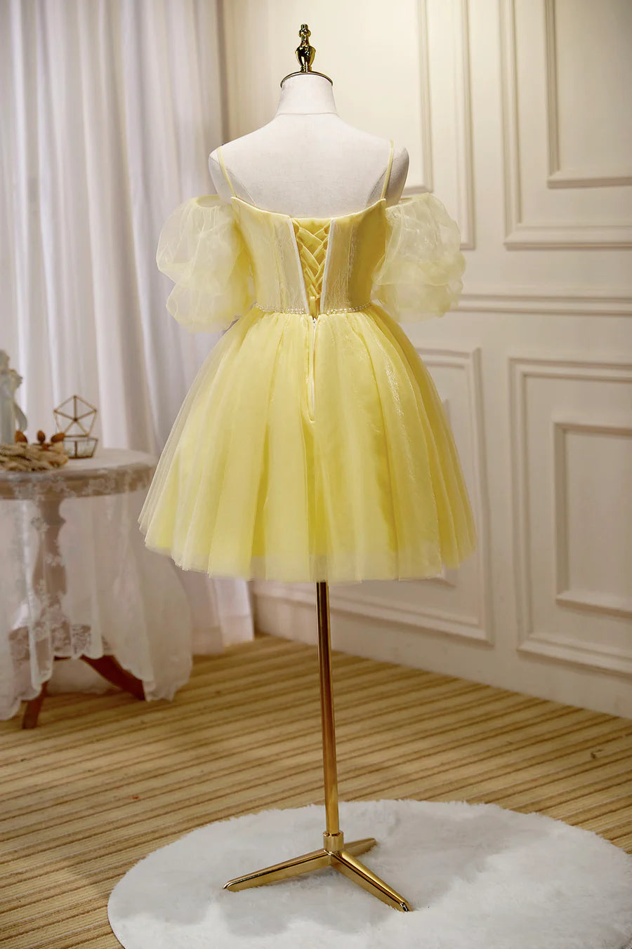 Yellow Lace Short Prom Dress, Off the Shoulder Homecoming Dress TP486