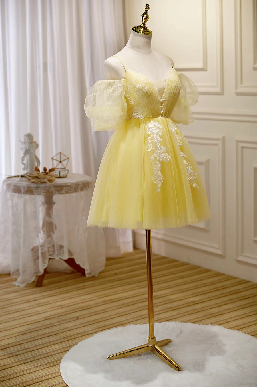 Yellow Lace Short Prom Dress, Off the Shoulder Homecoming Dress TP486