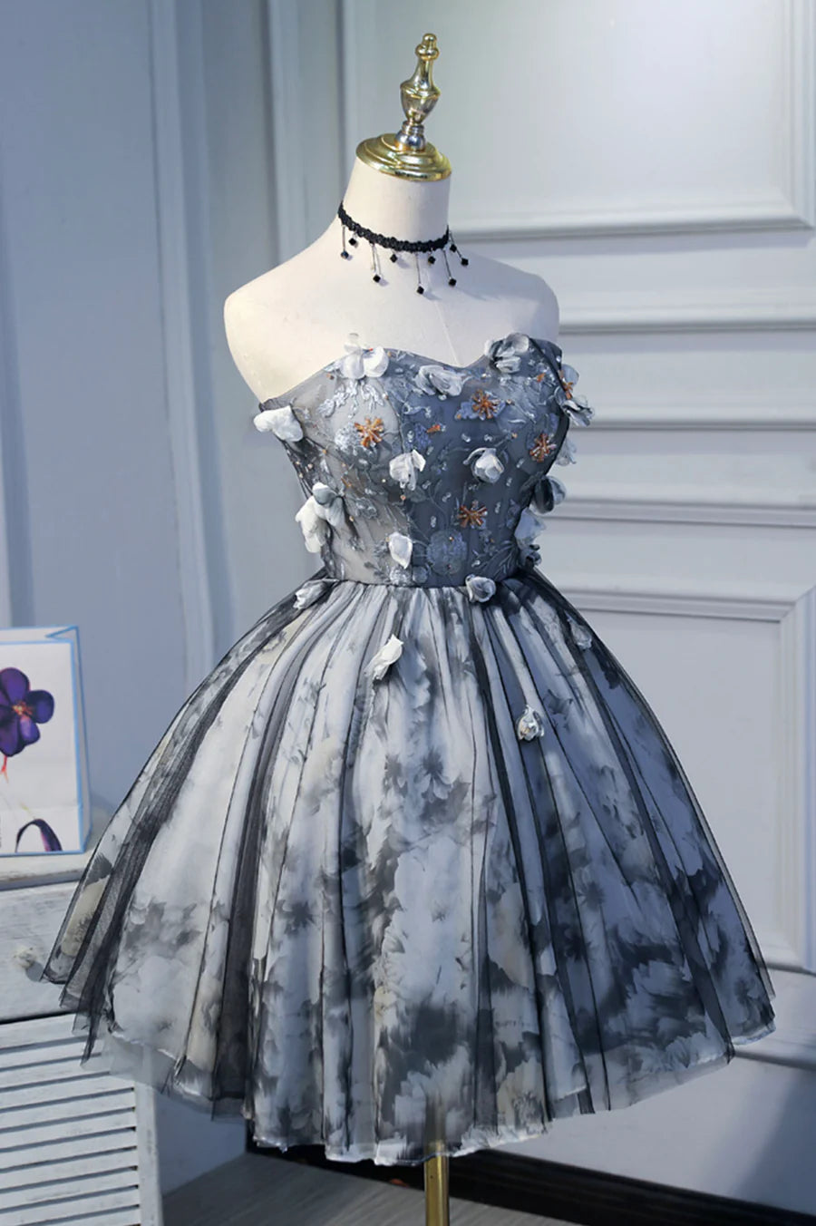 Gray Short Strapless Tulle Prom Dress, Cute A-Line Party Dress TP492