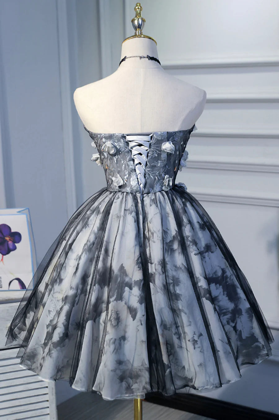 Gray Short Strapless Tulle Prom Dress, Cute A-Line Party Dress TP492