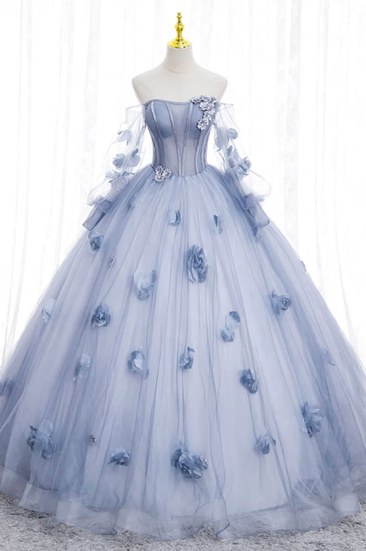 Blue Tulle Long Sleeve Prom Dress, A-Line Off the Shoulder Evening Gown TP495