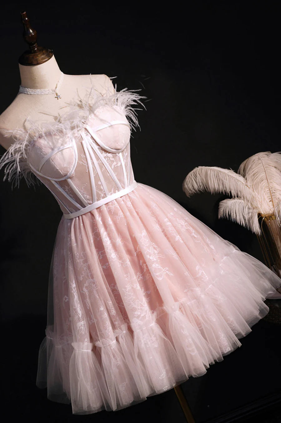 Pink Strapless Lace Short Prom Dress, A-Line Party Dress with Feather TP504