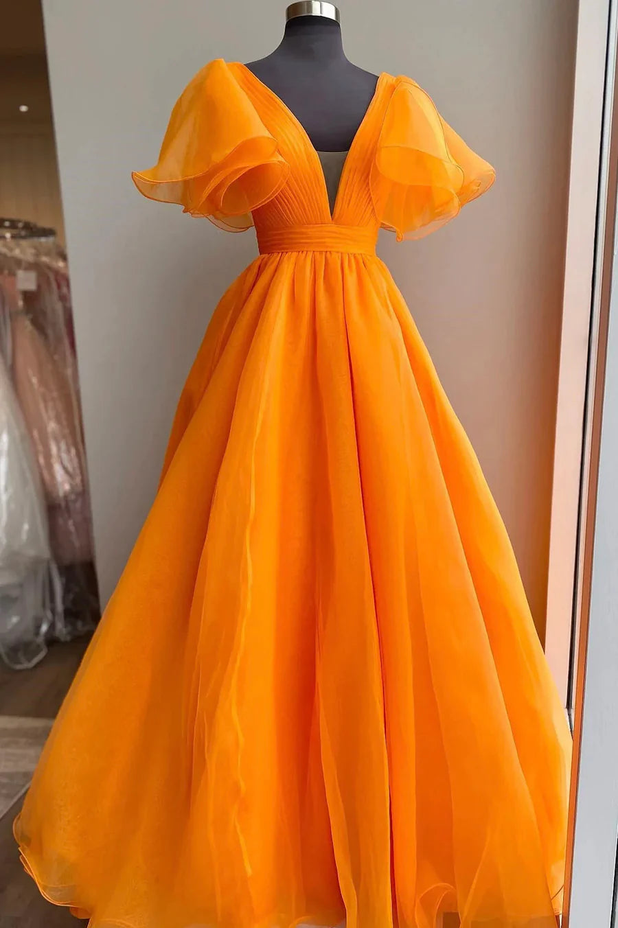 Orange Organza Long A-Line Prom Dress, Beautiful V-Neck Evening Dress TP521