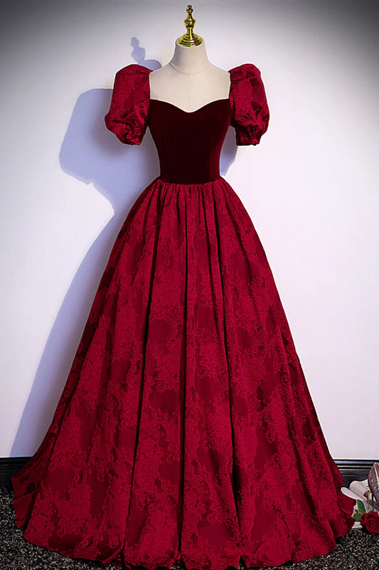 Burgundy Velvet Long A-Line Prom Dress, Short Sleeve Evening Dress TP528