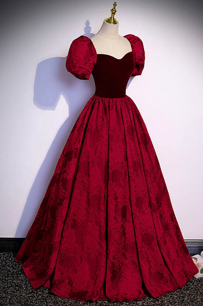 Burgundy Velvet Long A-Line Prom Dress, Short Sleeve Evening Dress TP528