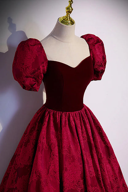 Burgundy Velvet Long A-Line Prom Dress, Short Sleeve Evening Dress TP528