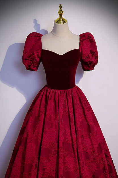 Burgundy Velvet Long A-Line Prom Dress, Short Sleeve Evening Dress TP528