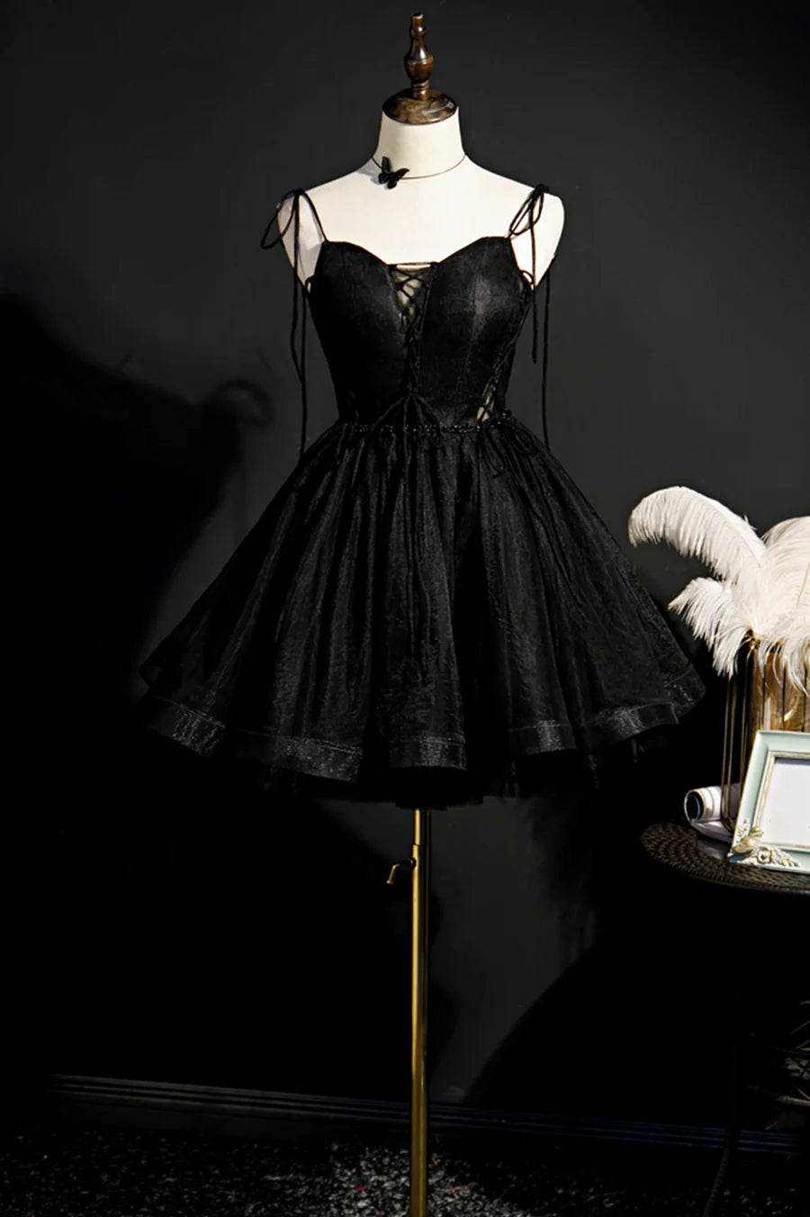 Black Tulle Short Prom Dress, Lovely A-Line Spaghetti Strap Party Dress TP561