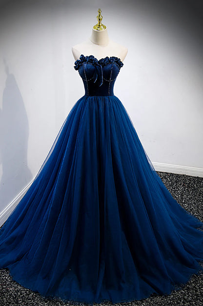 Blue Velvet Tulle Long Prom Dresses, A-Line Strapless Evening Dresses TP577