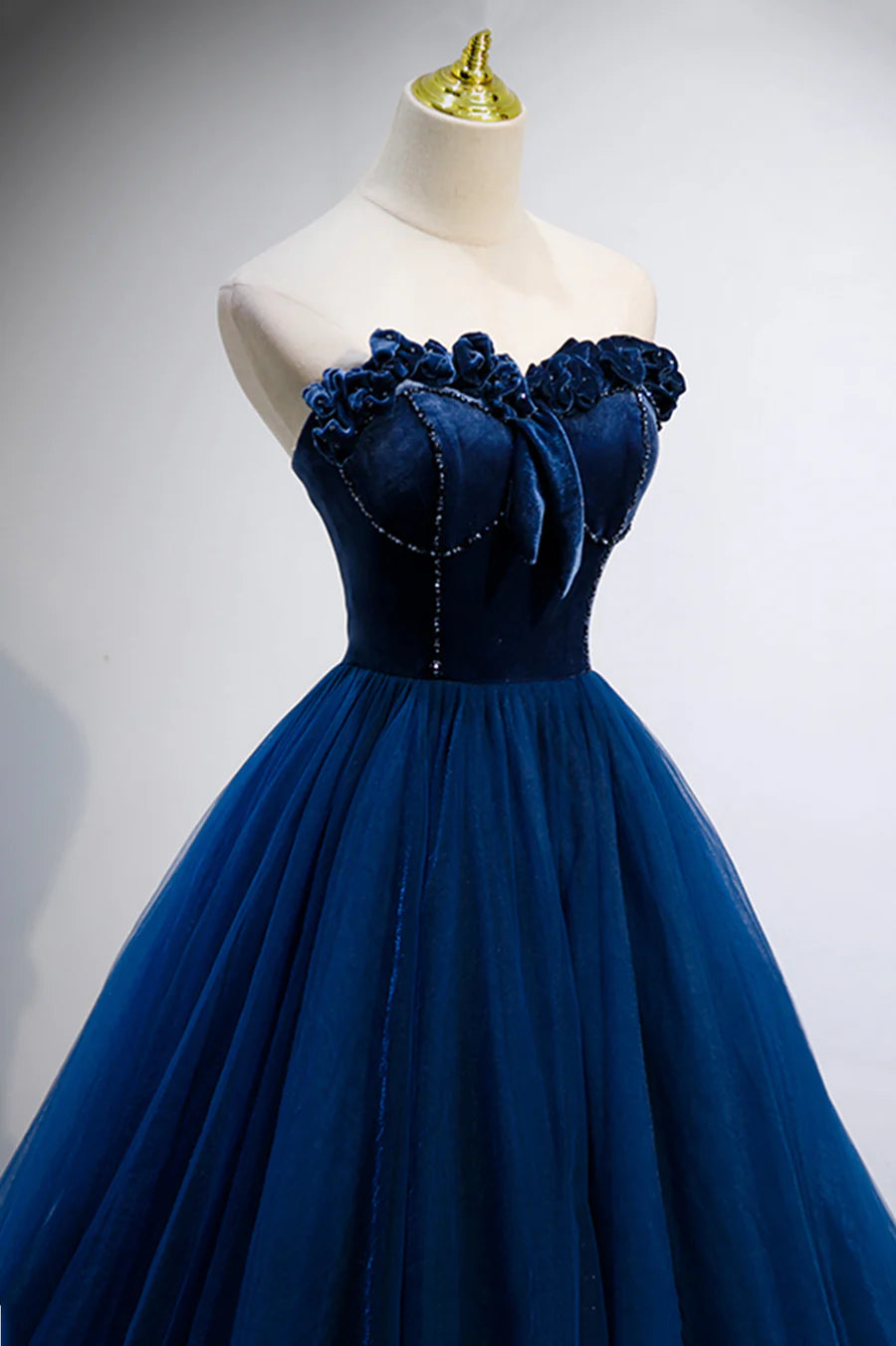 Blue Velvet Tulle Long Prom Dresses, A-Line Strapless Evening Dresses TP577