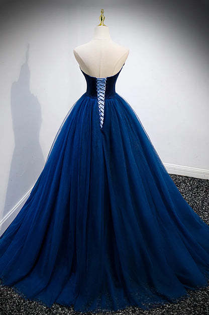 Blue Velvet Tulle Long Prom Dresses, A-Line Strapless Evening Dresses TP577