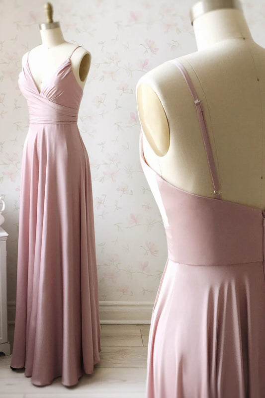 Pink V-Neck Satin Long Prom Dress, A-Line Evening Dress TP582