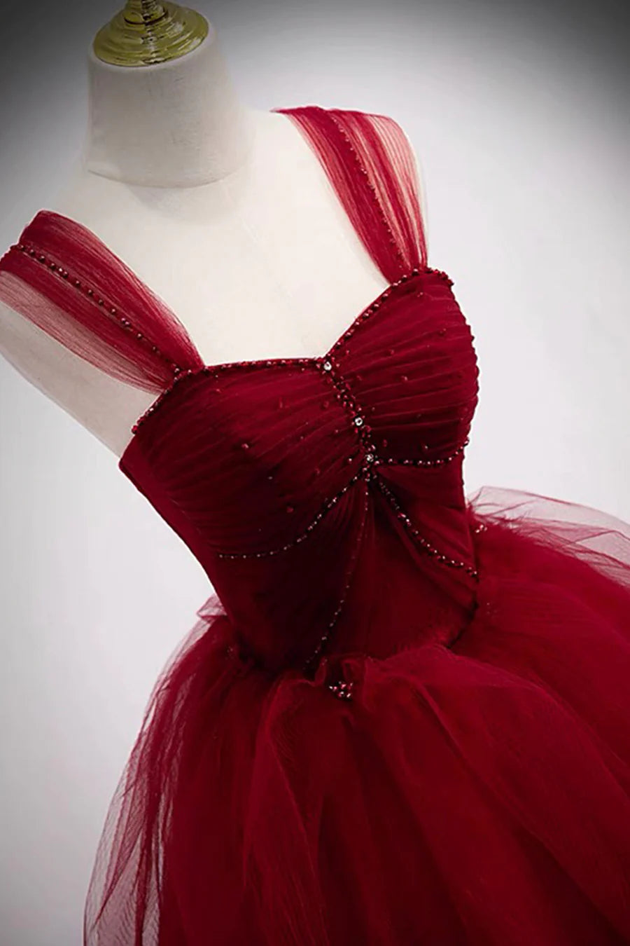 Burgundy Tulle Long A-Line Prom Dress, Burgundy Evening Party Dress TP587