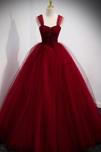 Burgundy Tulle Long A-Line Prom Dress, Burgundy Evening Party Dress TP587