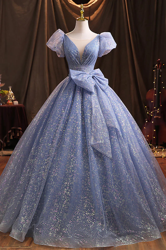 Blue Tulle Sequins Long Prom Dress, A-Line Evening Gown with Bow TP590