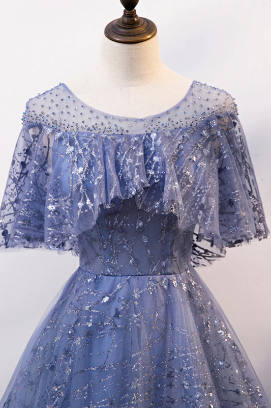 Blue Tulle Sequins Long Prom Dress, A-Line Blue Evening Dress TP591