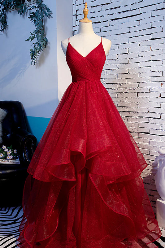 Red V-Neck Tulle Long Prom Dress, A-Line Evening Dress TP593