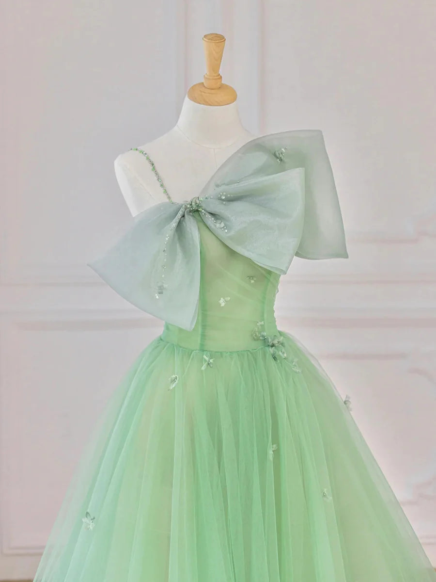 Previous Next   Green Tulle Short Prom Dress, A-Line Evening Dress with Bow TP595