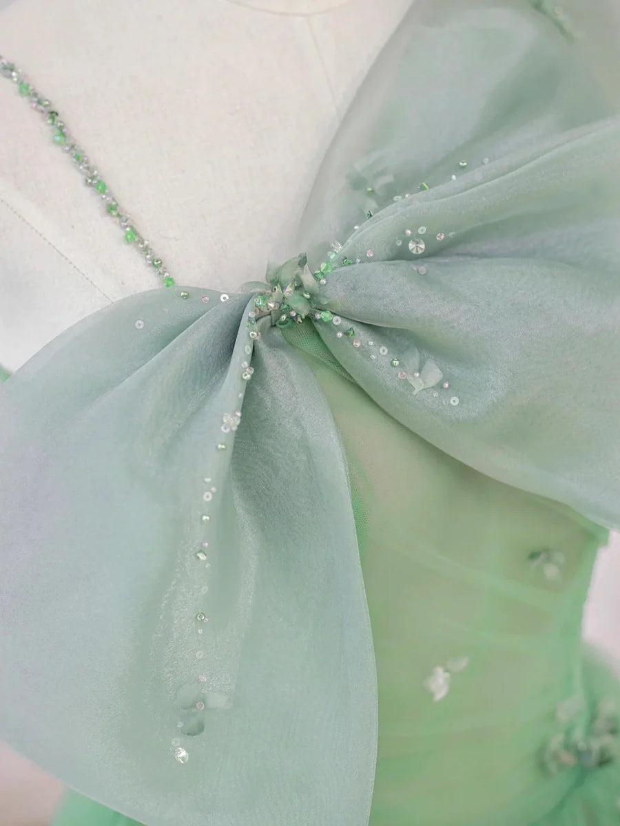 Previous Next   Green Tulle Short Prom Dress, A-Line Evening Dress with Bow TP595