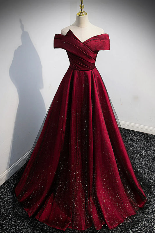 Burgundy Off the Shoulder Prom Dress, A-Line Evening Party Dress TP596