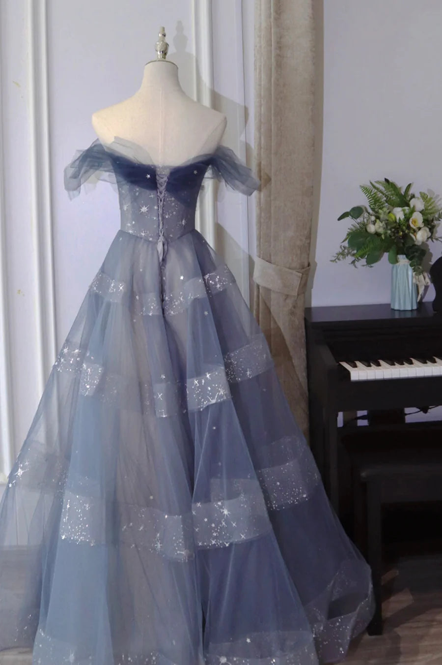 A-Line Off Shoulder Layers Tulle Long Evening Dress, Blue Formal Dress TP598