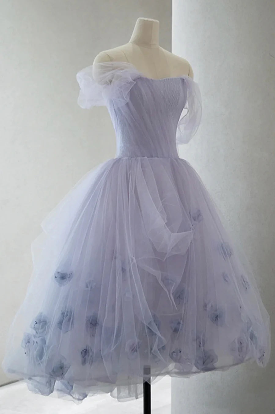 Previous Next   Purple Tulle Short Prom Dress, A-Line Off the Shoulder Party Dress TP612