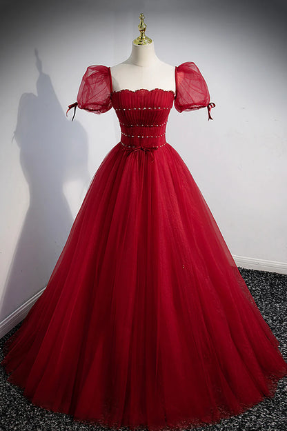 Red Beaded Tulle A-Line Long Formal Dress, Red Prom Dress TP616