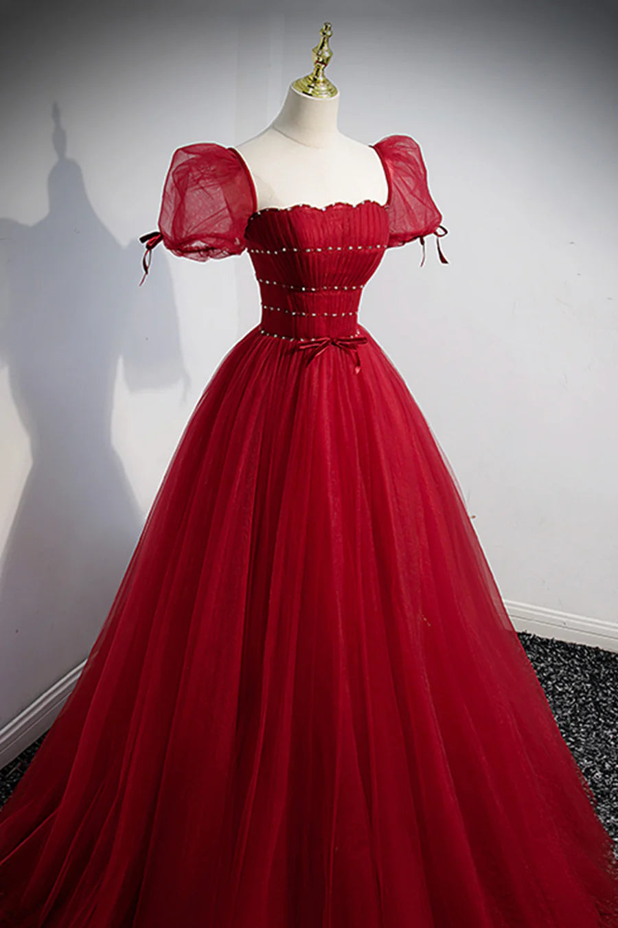 Red Beaded Tulle A-Line Long Formal Dress, Red Prom Dress TP616