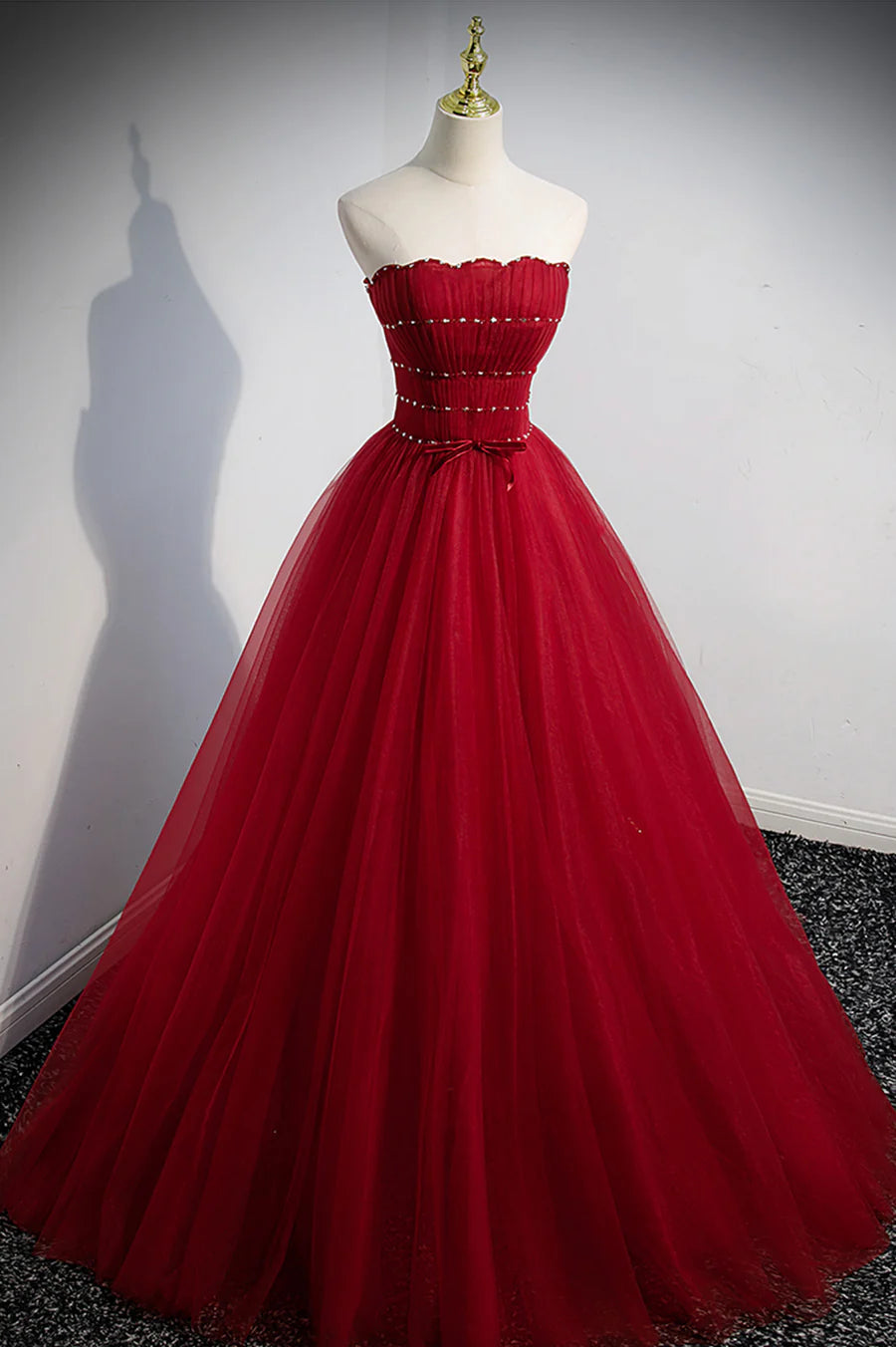 Red Beaded Tulle A-Line Long Formal Dress, Red Prom Dress TP616