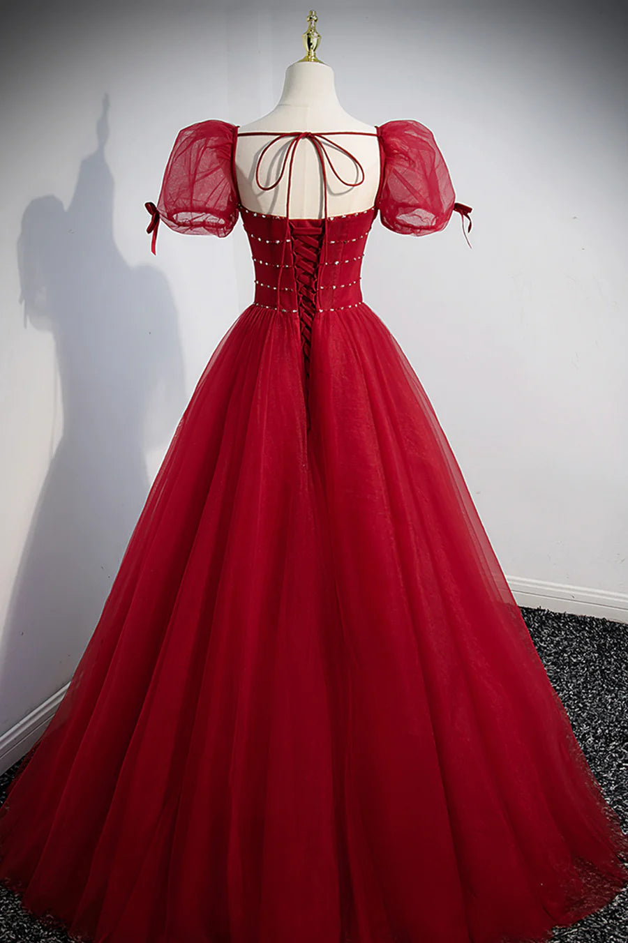 Red Beaded Tulle A-Line Long Formal Dress, Red Prom Dress TP616