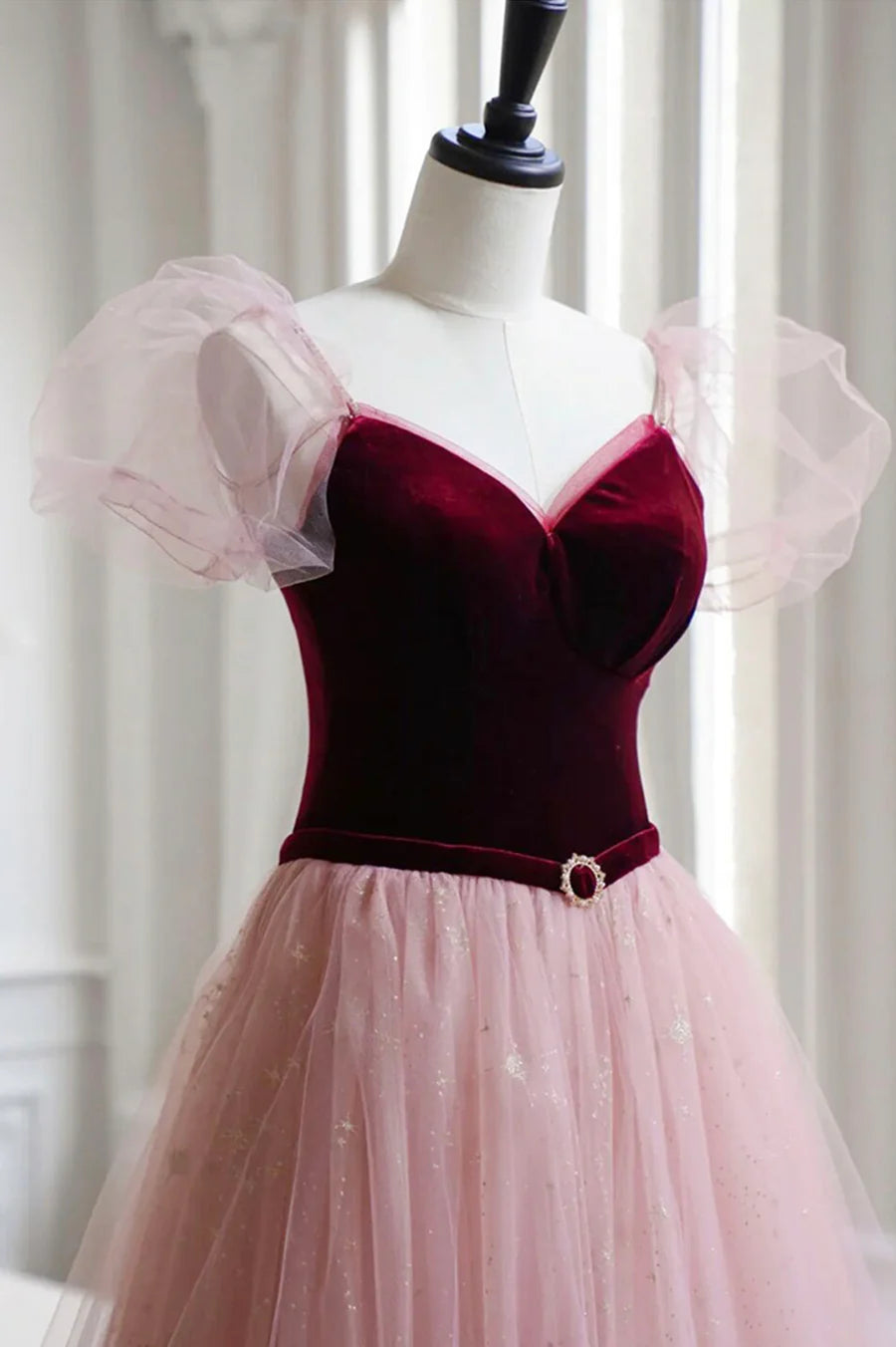 Burgundy Velvet and Pink Tulle Long A-Line Prom Dress, Lovely Party Dress TP631