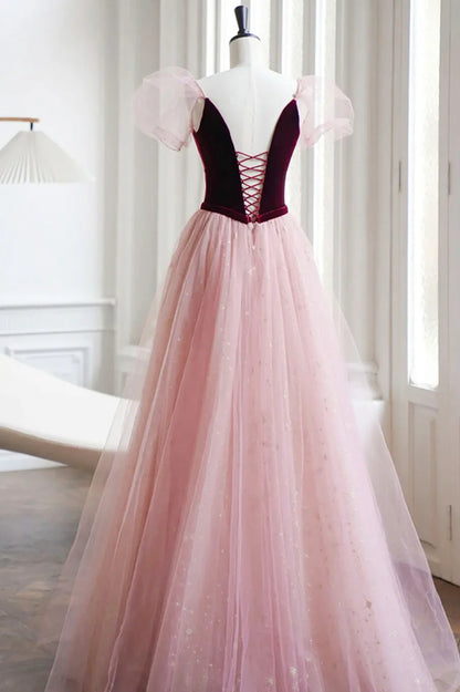 Burgundy Velvet and Pink Tulle Long A-Line Prom Dress, Lovely Party Dress TP631