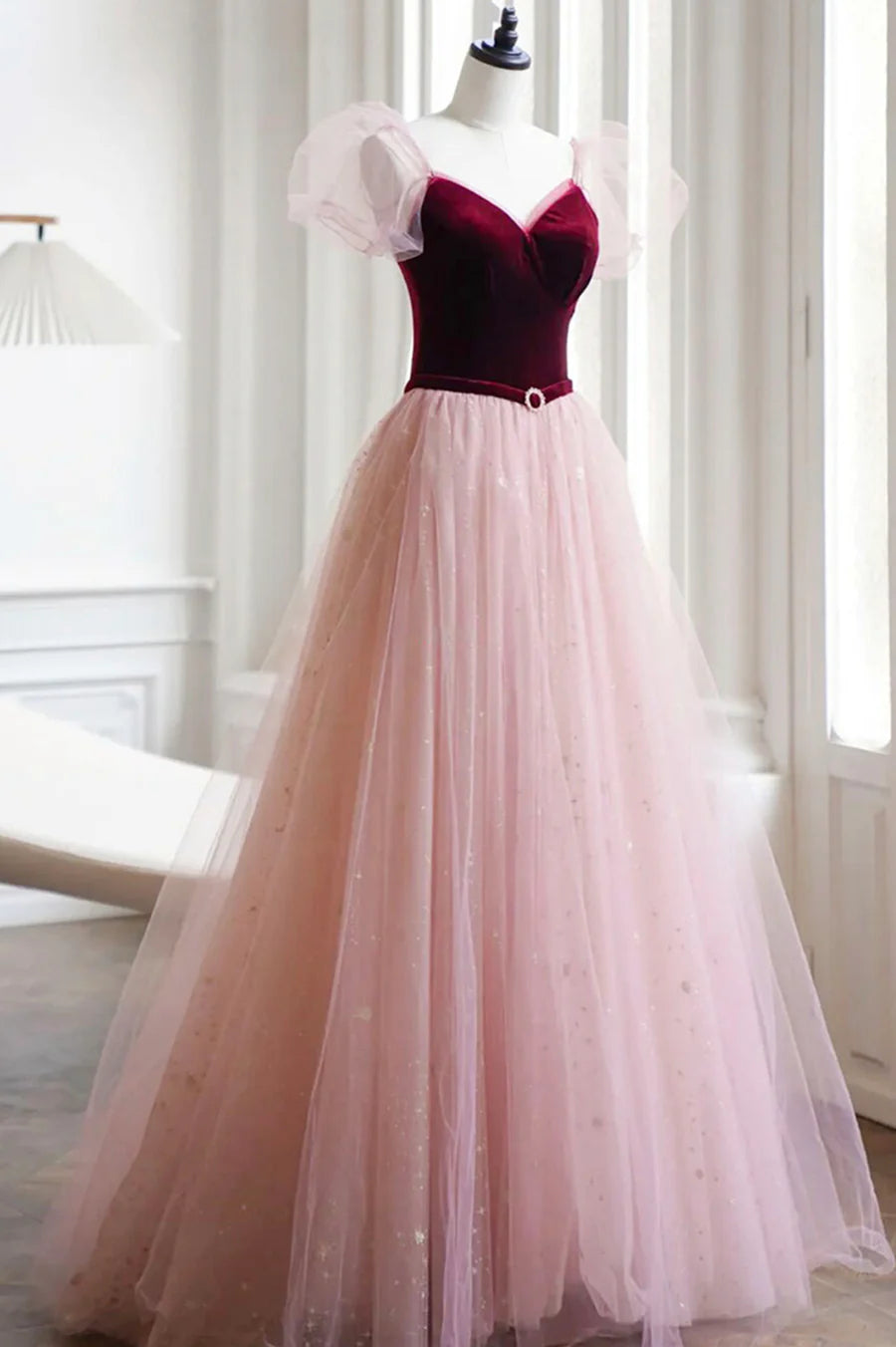 Burgundy Velvet and Pink Tulle Long A-Line Prom Dress, Lovely Party Dress TP631