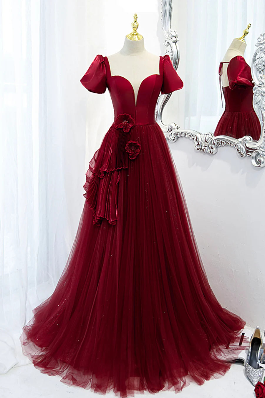 A-Line Satin Tulle Long Prom Dresses, Burgundy Evening Dresses TP637