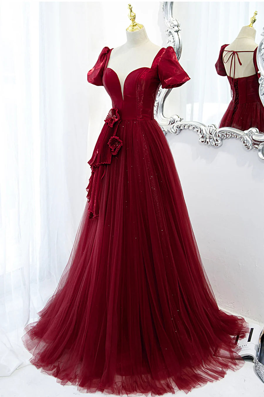 A-Line Satin Tulle Long Prom Dresses, Burgundy Evening Dresses TP637