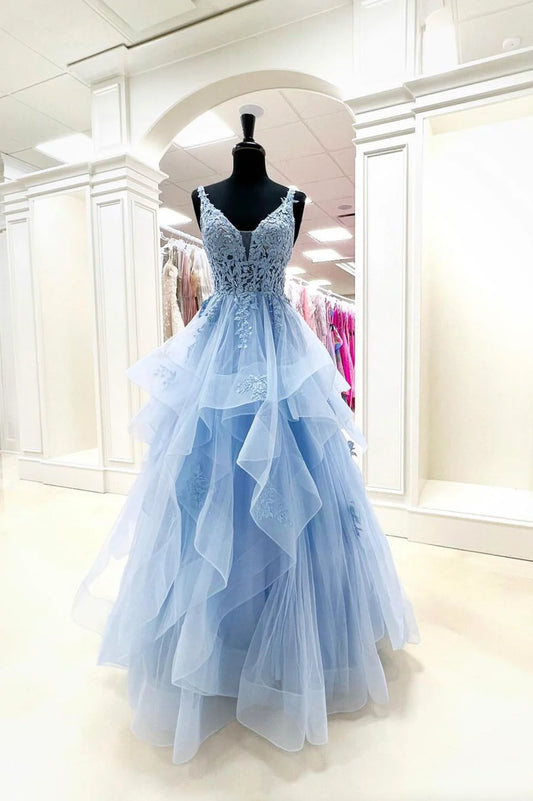 Blue V-Neck Lace Long Prom Dresses, A-Line Formal Evening Dresses TP644