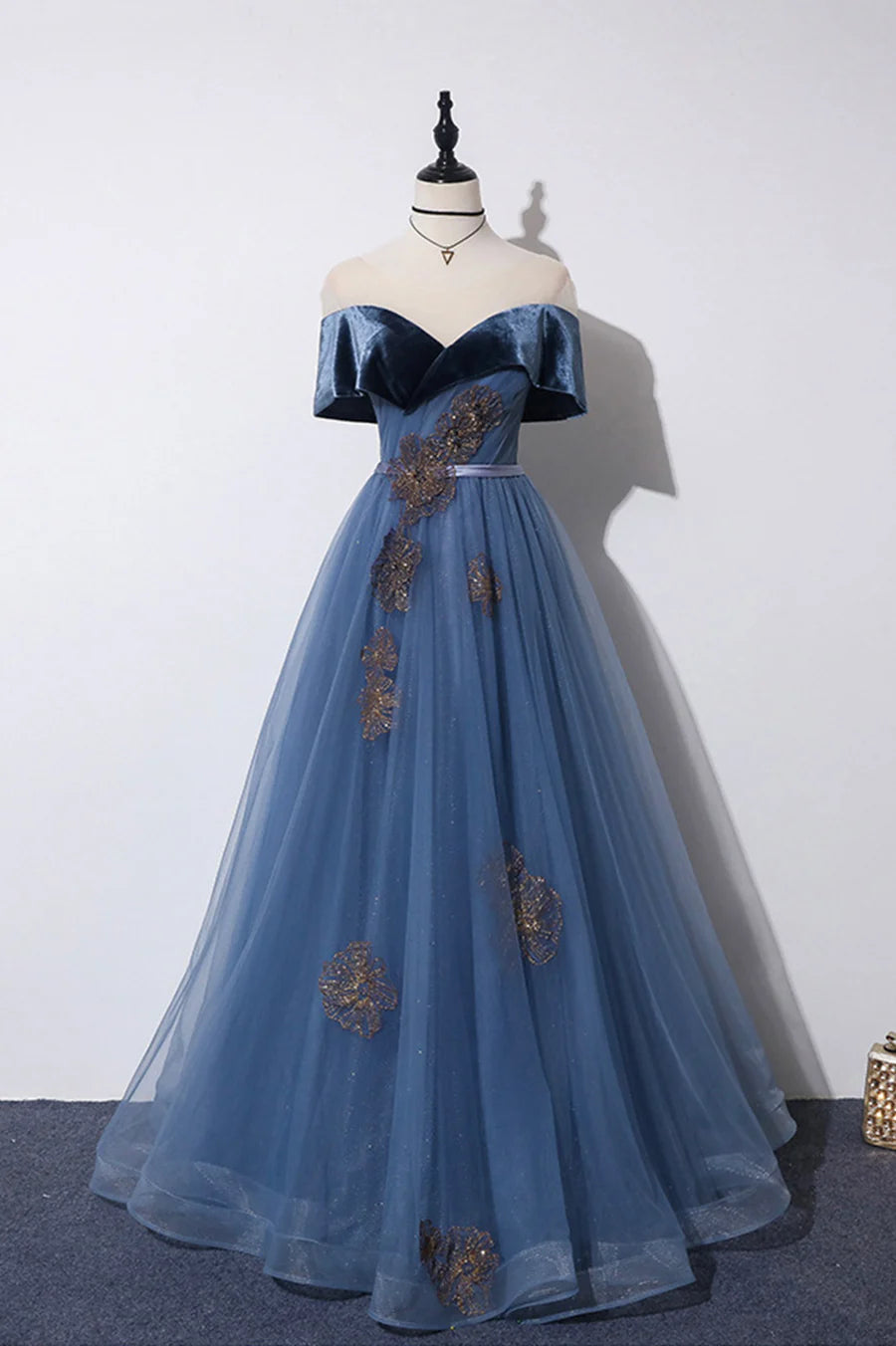 Blue Velvet Tulle Long Prom Dresses, Off the Shoulder Evening Dresses TP646