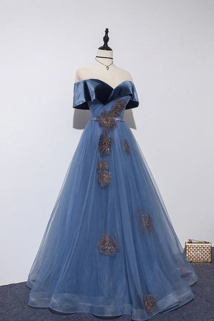 Blue Velvet Tulle Long Prom Dresses, Off the Shoulder Evening Dresses TP646