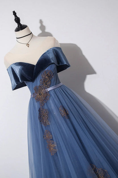 Blue Velvet Tulle Long Prom Dresses, Off the Shoulder Evening Dresses TP646