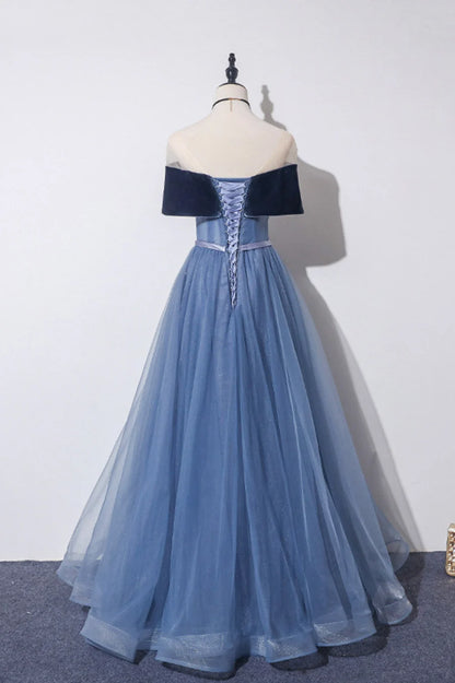 Blue Velvet Tulle Long Prom Dresses, Off the Shoulder Evening Dresses TP646