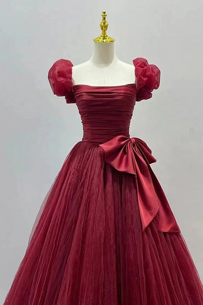 Burgundy Tulle Short Sleeve A-Line Formal Dresses, Burgundy Evening Dresses TP648