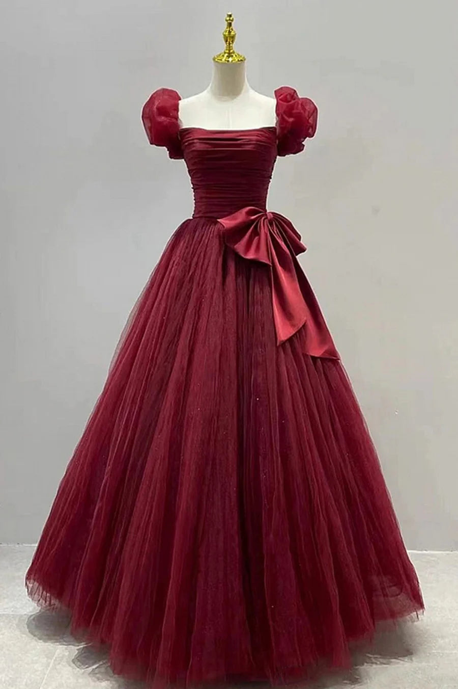 Burgundy Tulle Short Sleeve A-Line Formal Dresses, Burgundy Evening Dresses TP648