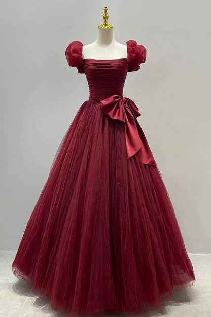 Burgundy Tulle Short Sleeve A-Line Formal Dresses, Burgundy Evening Dresses TP648