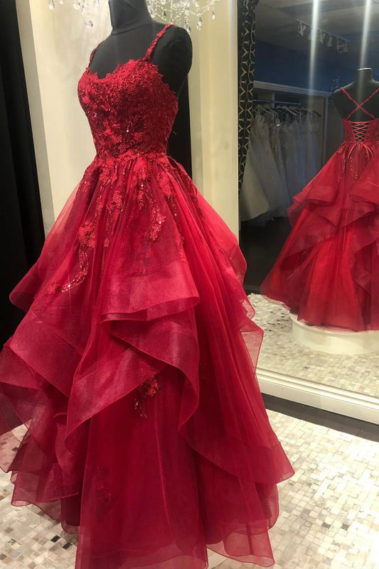 Red Lace Long Prom Dresses, Red Backless Formal Evening Dresses TP670