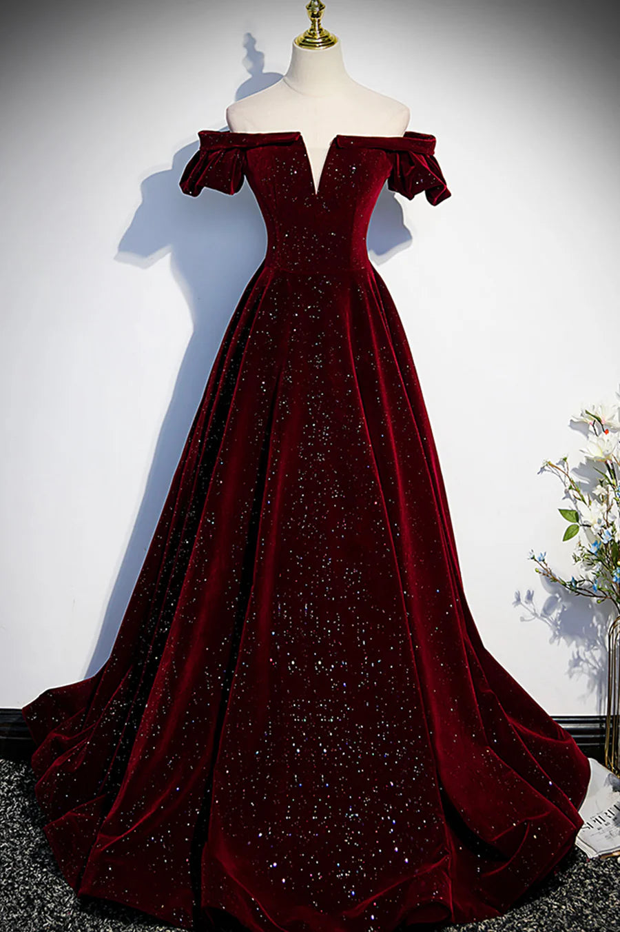 Burgundy Velvet Long Prom Dresses, Off the Shoulder Formal Evening Dresses TP671