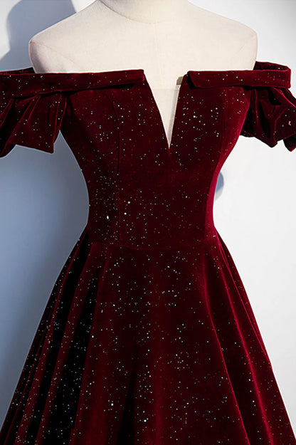 Burgundy Velvet Long Prom Dresses, Off the Shoulder Formal Evening Dresses TP671