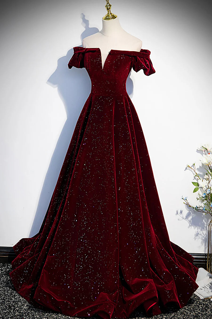 Burgundy Velvet Long Prom Dresses, Off the Shoulder Formal Evening Dresses TP671