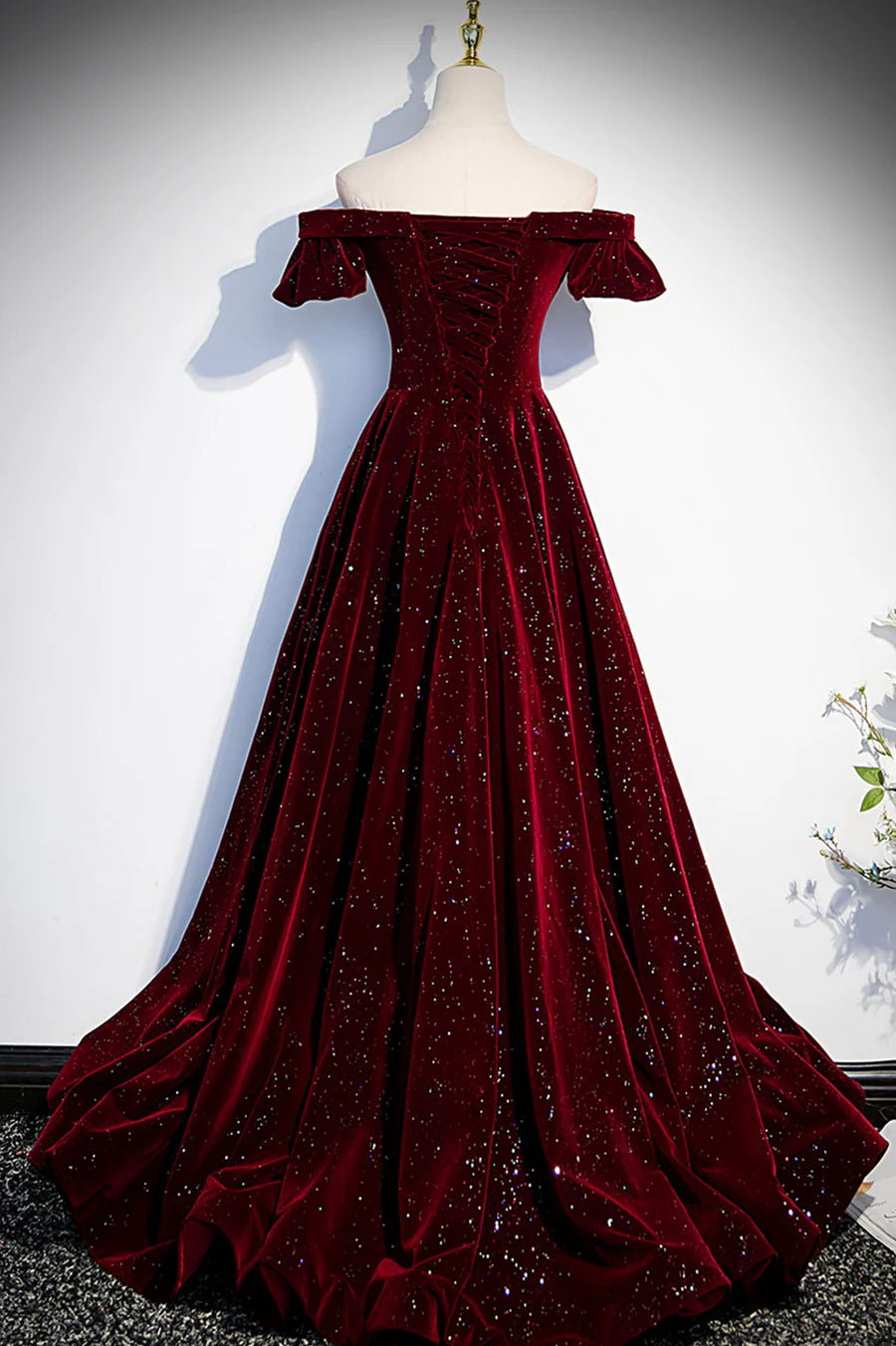 Burgundy Velvet Long Prom Dresses, Off the Shoulder Formal Evening Dresses TP671