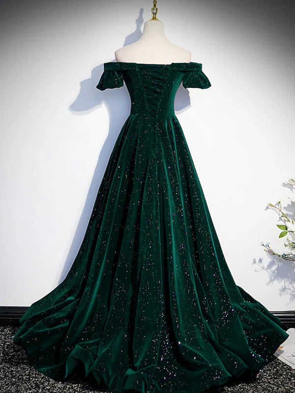 Burgundy Velvet Long Prom Dresses, Off the Shoulder Formal Evening Dresses TP671