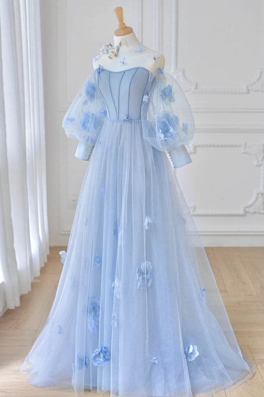 Blue Tulle Long Sleeve Prom Dresses, Cute A-Line Evening Dresses with Applique TP674